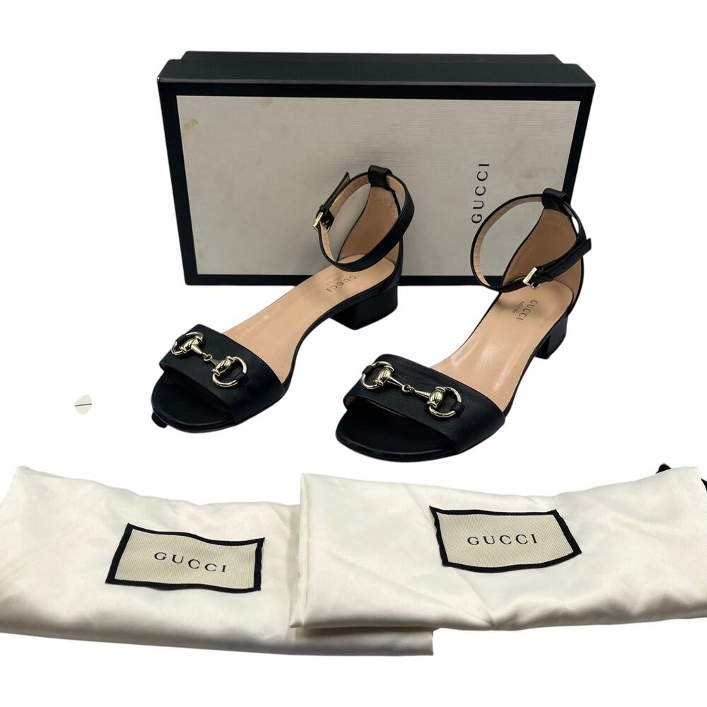 Gucci Low Block Heel Sandals Horsebit Ankle Strap Leather Black Size 37 / 7